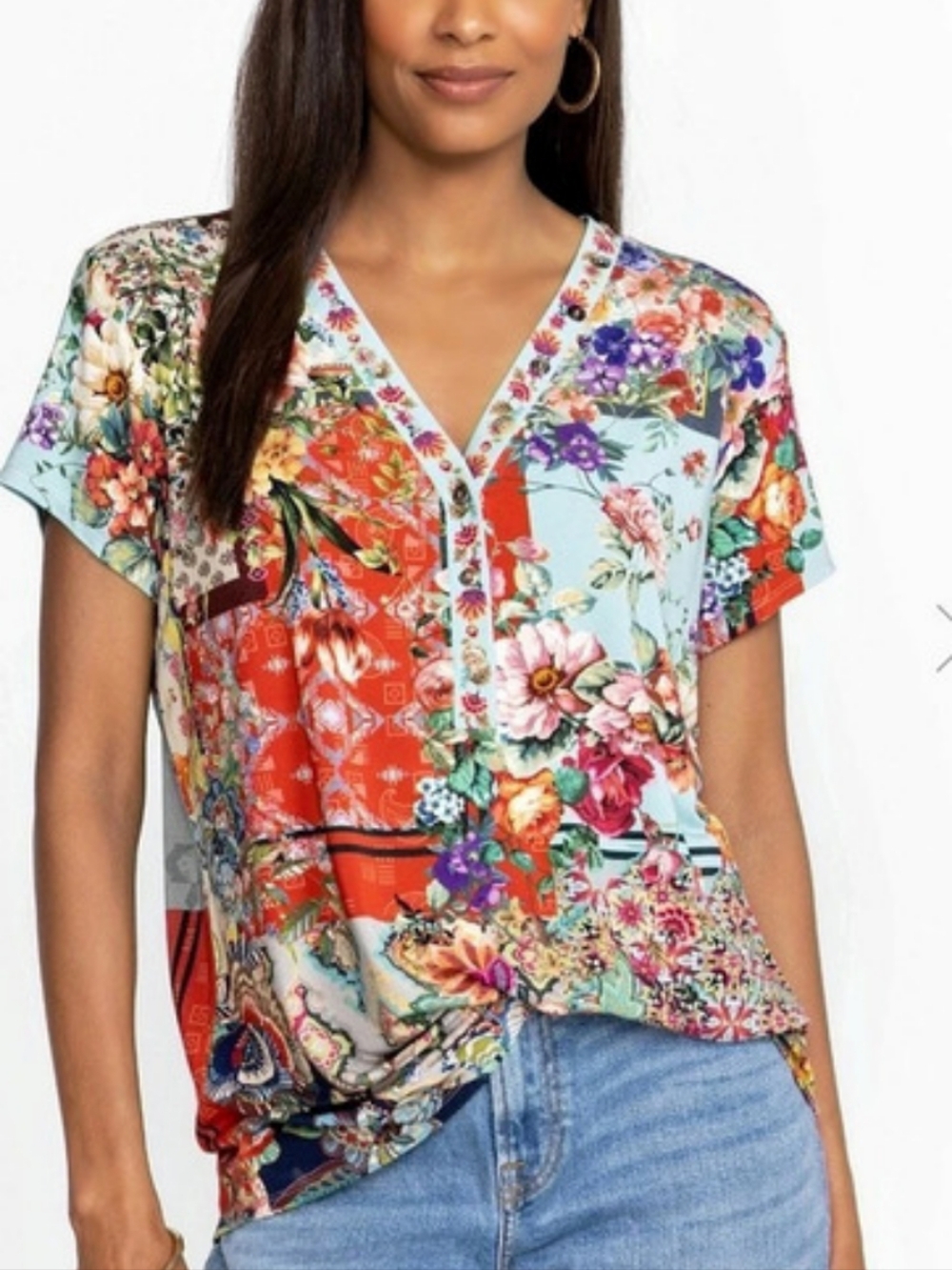 Johnny Was Otti Buttom Neck Floral Blouse in Multicolor Small